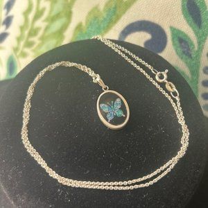 Fire Opal Mosaic Inlaid Oval Black Onyx Butterfly Pendant NECKACE